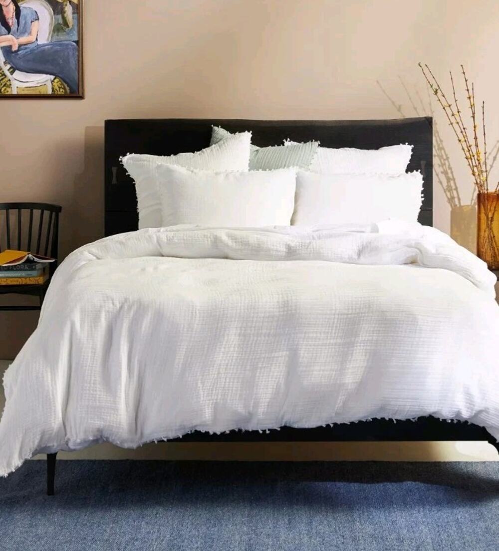 Anthropologie Reversible Airy Gauze White Queen Duvet Cover Fringe Edge Boho